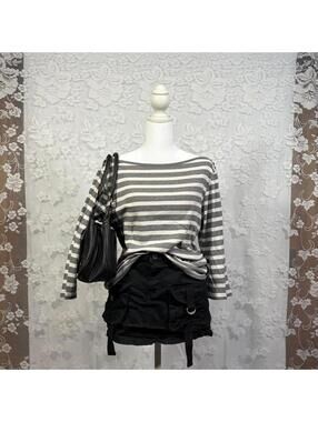 Striped Boat Neck Top Gray & Cream Button Shoulder